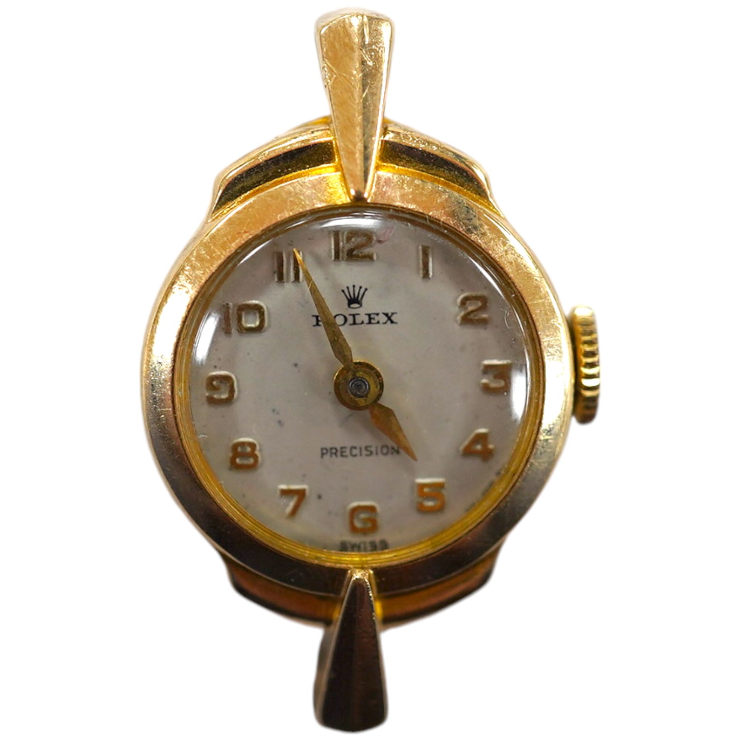 A lady's 9ct gold Rolex Precision manual wind wrist watch, with Arabic dial and case back inscription, no strap, gross weight 7.3 grams, Condition - fair